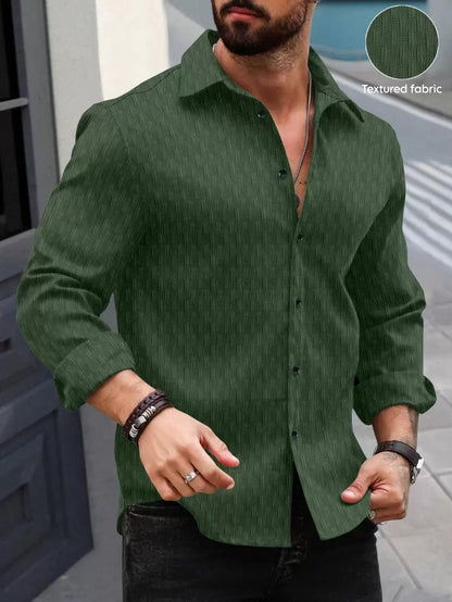 Deelmo MenS Regular Fit Button Down Dress Shirts Textured Long Sleeve Casual Hawaiian Shirt Dark Green