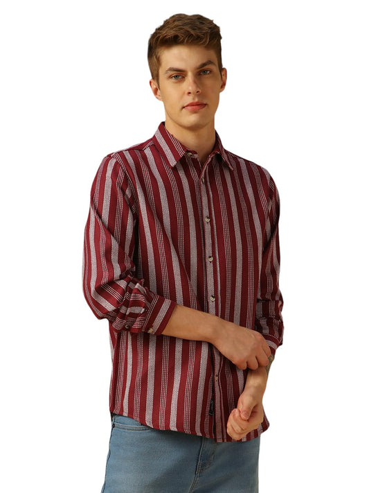 Dennis Lingo Men Maroon Stripes Cotton Regular Fit Full Sleeves Spread Collar Casual Shirt