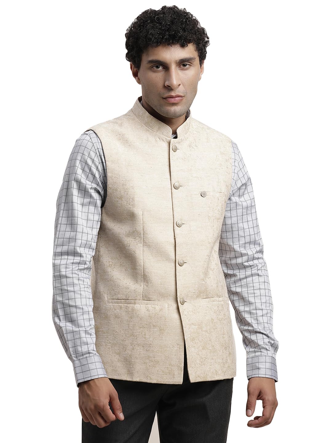 Turtle Men Terylene Rayon Beige Jacquard Party Nehru Jacket
