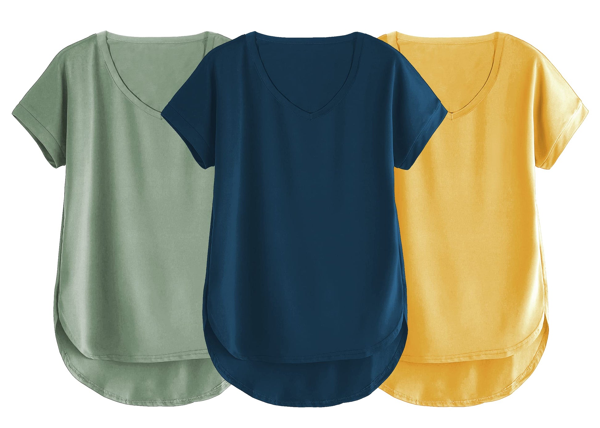 Fabricorn Combo Of Three Plain Mustard Yellow, Sage Green And Airforce Blue V-Neck Up And Down Cotton Tshirt For Women (Mustard