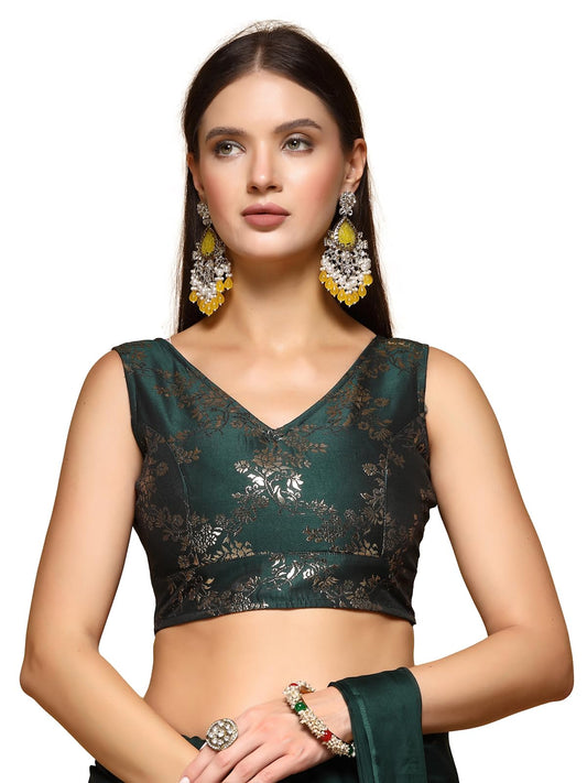 Oomph! WomenS Indian Ethnic Wear Designer Botanical Pattern Zari Work V Neck Sleeveless Forest Green Color Brocade Readymade Bl
