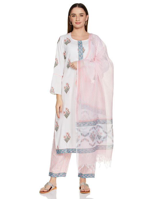 KLOSIA Women Cotton Block Printed Kurta And Pant With Dupatta Set