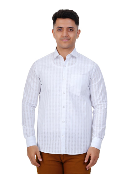 PRAKASAM COTTON Minister Cotton White Full Sleeve Shirt for Mens/White Regular Fit Full Sleeve Transparent with Self Design Shi