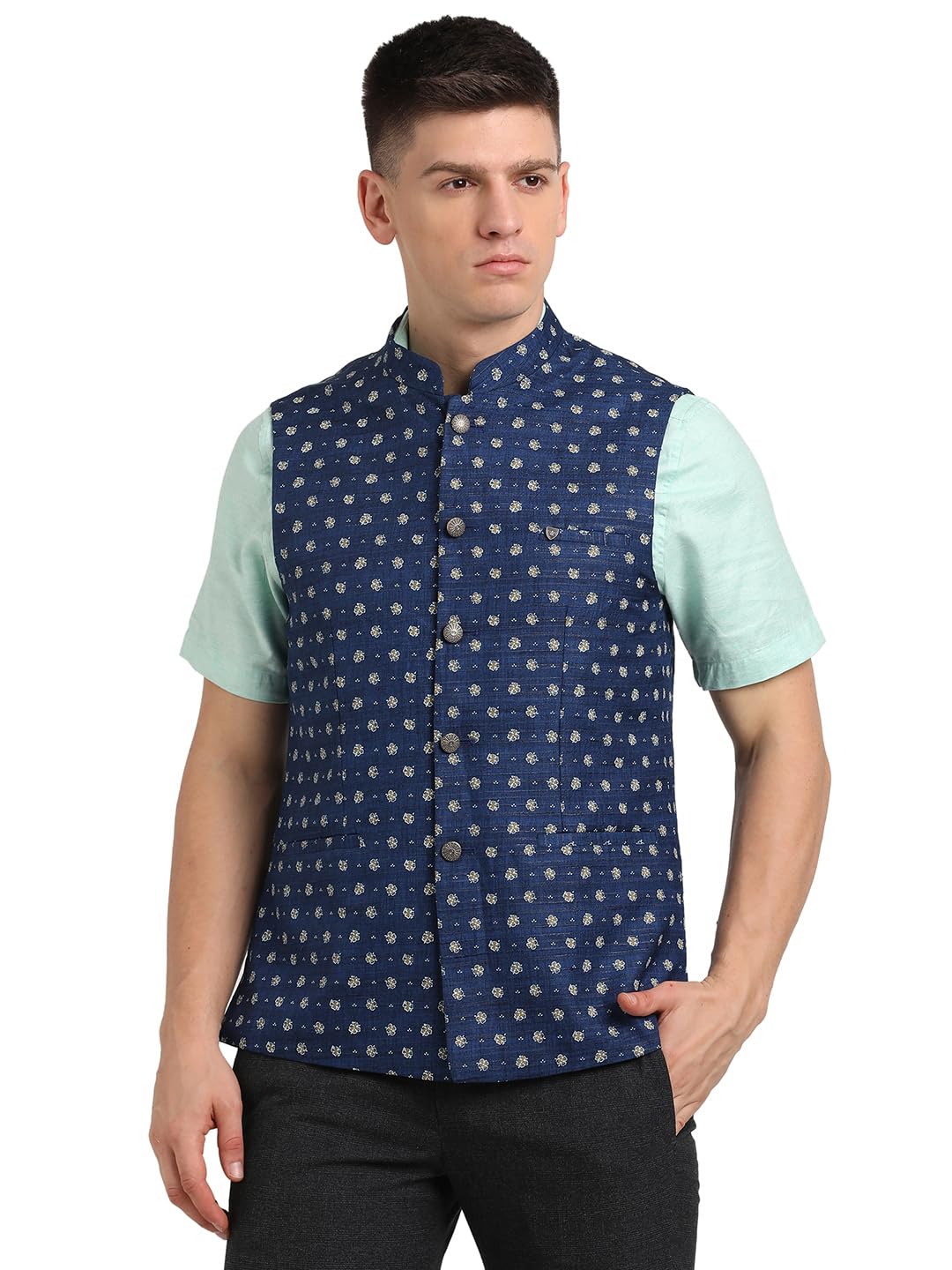 Turtle Men Cotton Viscose Blue Printed Nehru Jacket