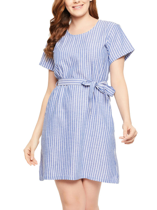 Clovia Womens Cotton Stripes Short Nightdress (NS1335P08_Blue_L)