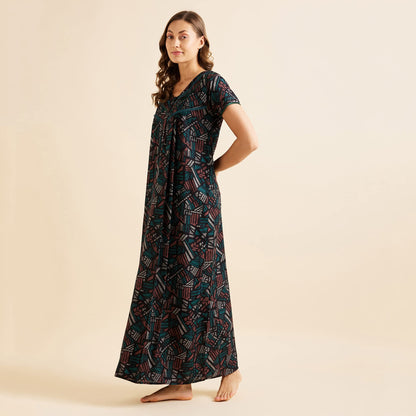 Sweet Dreams Women Printed Half Sleeves Maxi Nightgown