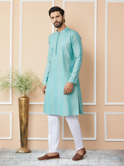 See Designs MenS Long Sleeve Mandarin Collar Side Slit Ice Green Embroidered Thread Work Sequinned Chanderi Silk Straight Kurta