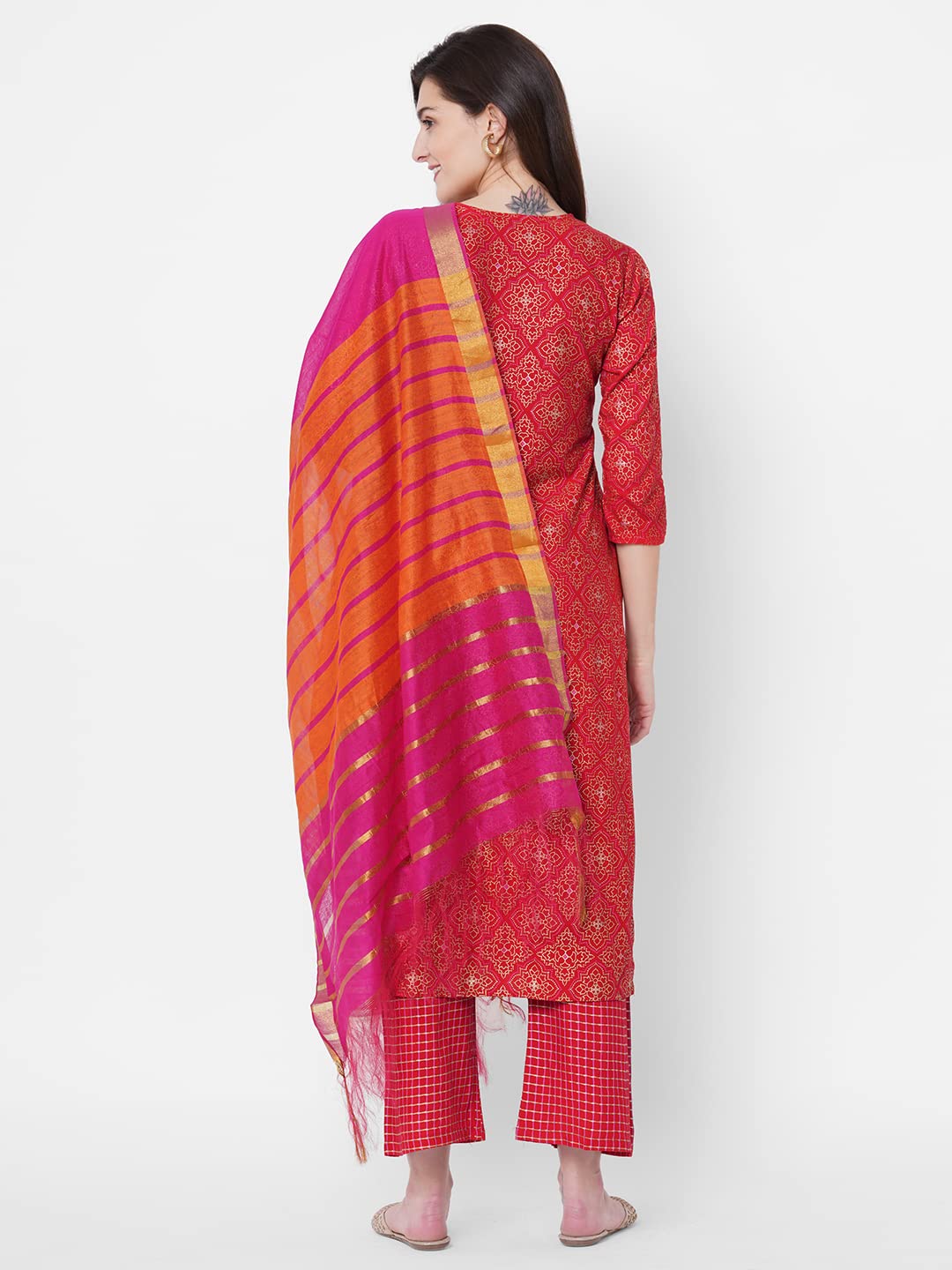 GoSriKi Women's Cotton Blend Straight Printed Kurta and Palazzos & Dupatta (Client Nw-GO)