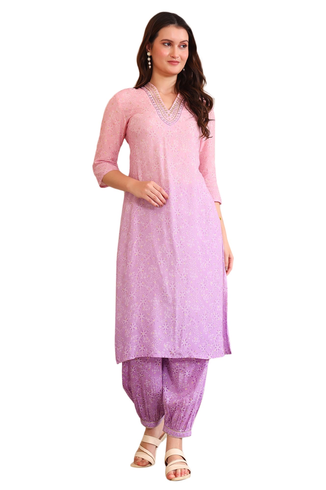 Aurelia WomenS Floral Printed Sequinned A-Line Purple Kurta And Salwar Co-Ord Set (Size-M)-As16004-509133