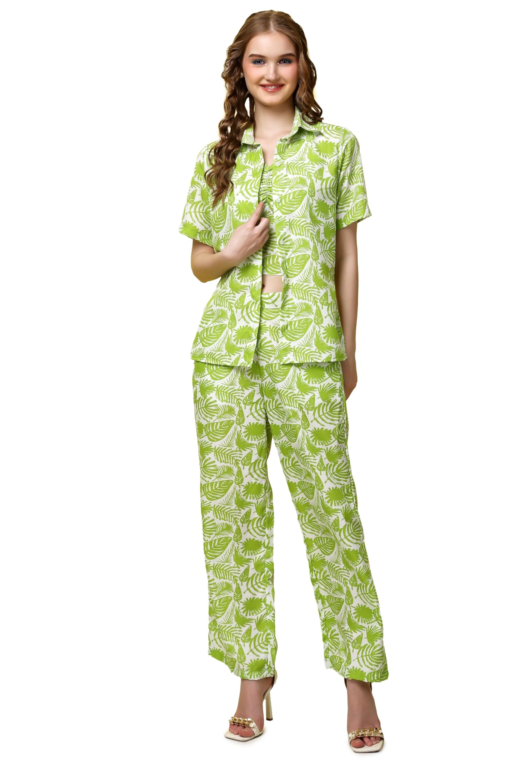 Popwings Casual Floral Printed 3-Piece Co-Ord Set For Women || Co-Ord Set For Women Western Summer Office Wear || Crop Top, Trou