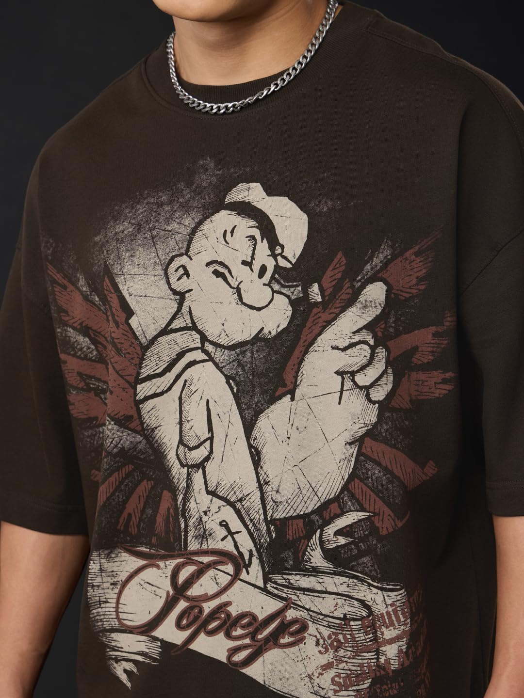 The Souled Store Popeye: Wings Men and Boys Short Sleeves Round Neck Brown Graphic Printed Cotton Oversized Heavy Gauge Fabric D