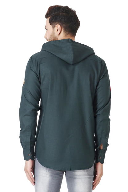 Besix MenS Green Tailored Fit Cotton Blend Shirt For Man With Hoodie - Casual Long Sleeve Shirt With Pockets - Patch Detail For