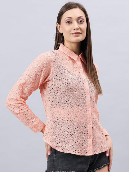 Style Quotient Women Self Design Nude Lace Regular Shirt