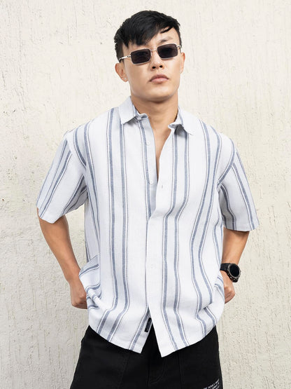 Hubberholme Men Cotton Short Sleeves Oversized Striped Shirt 13