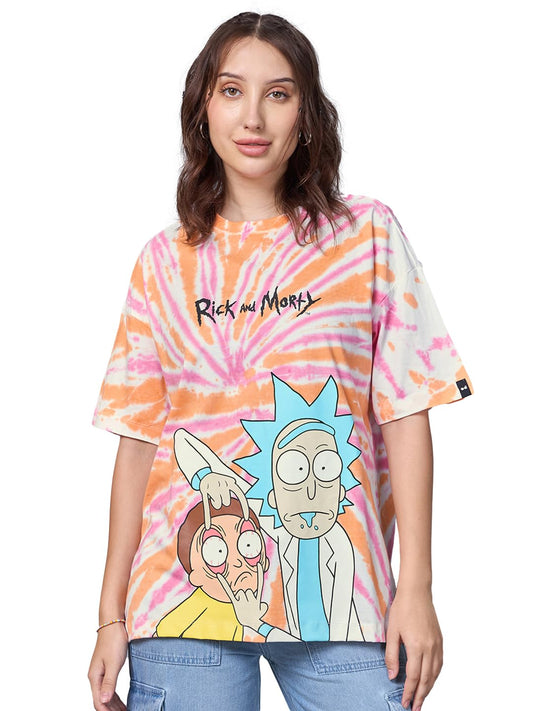 Bewakoof WomenS Tie & Dye Oversized Fit Half Sleeve Round Neck Cotton T-Shirt_615062_White_2Xl