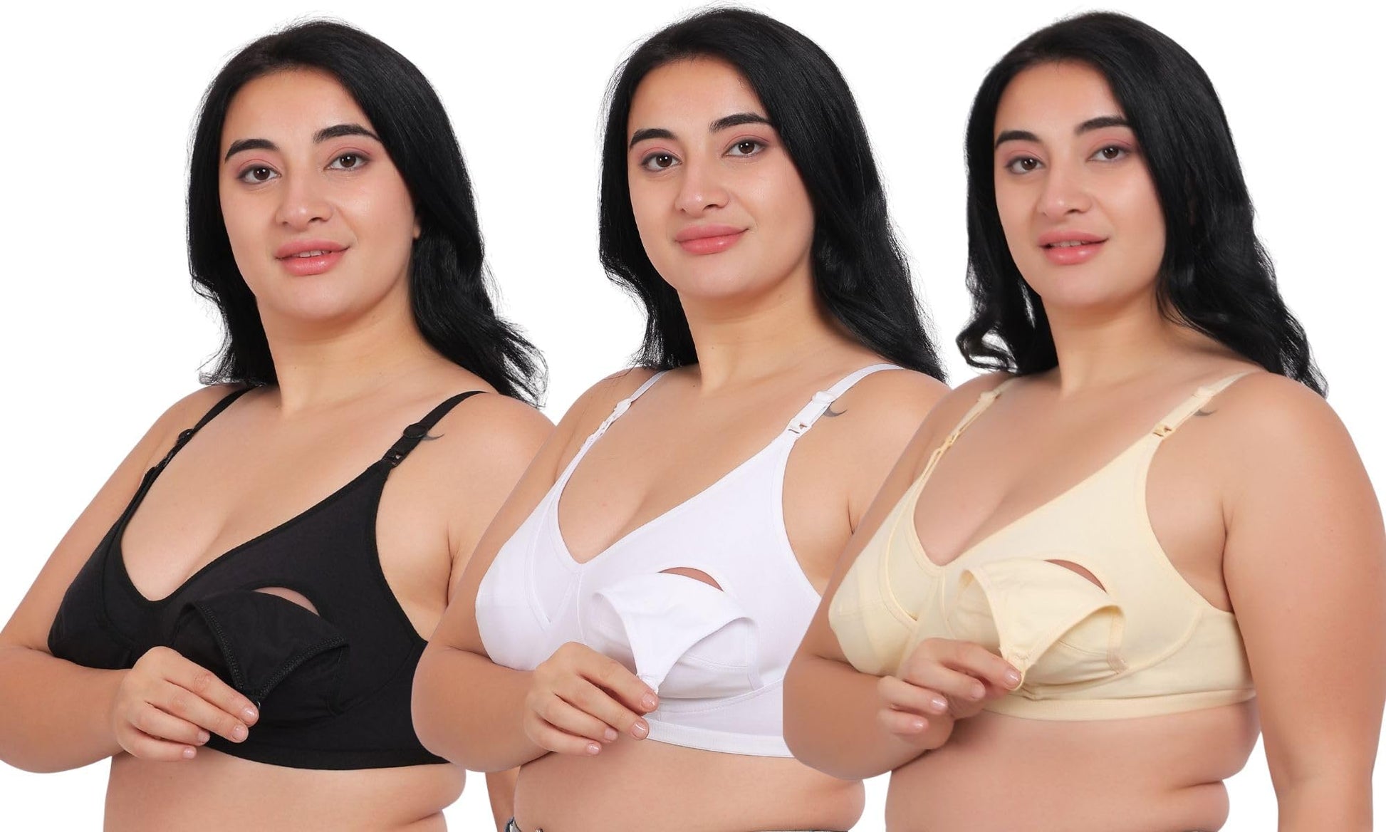 Fabme WomenS Cotton Wire Free Casual Nursing Bra (Pack Of 3) (Po3-Br_14_Skin, White, Black