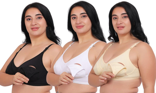 Fabme WomenS Cotton Wire Free Casual Nursing Bra (Pack Of 3) (Po3-Br_14_Skin, White, Black
