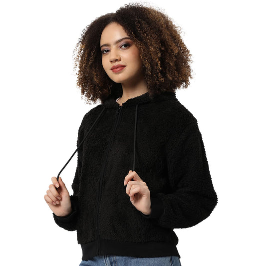Campus Sutra Women Black Solid Regular Fit Zipper Sweatshirt with Hoodie for Winter Wear | Full Sleeves | Cotton Sweatshirt | Ca