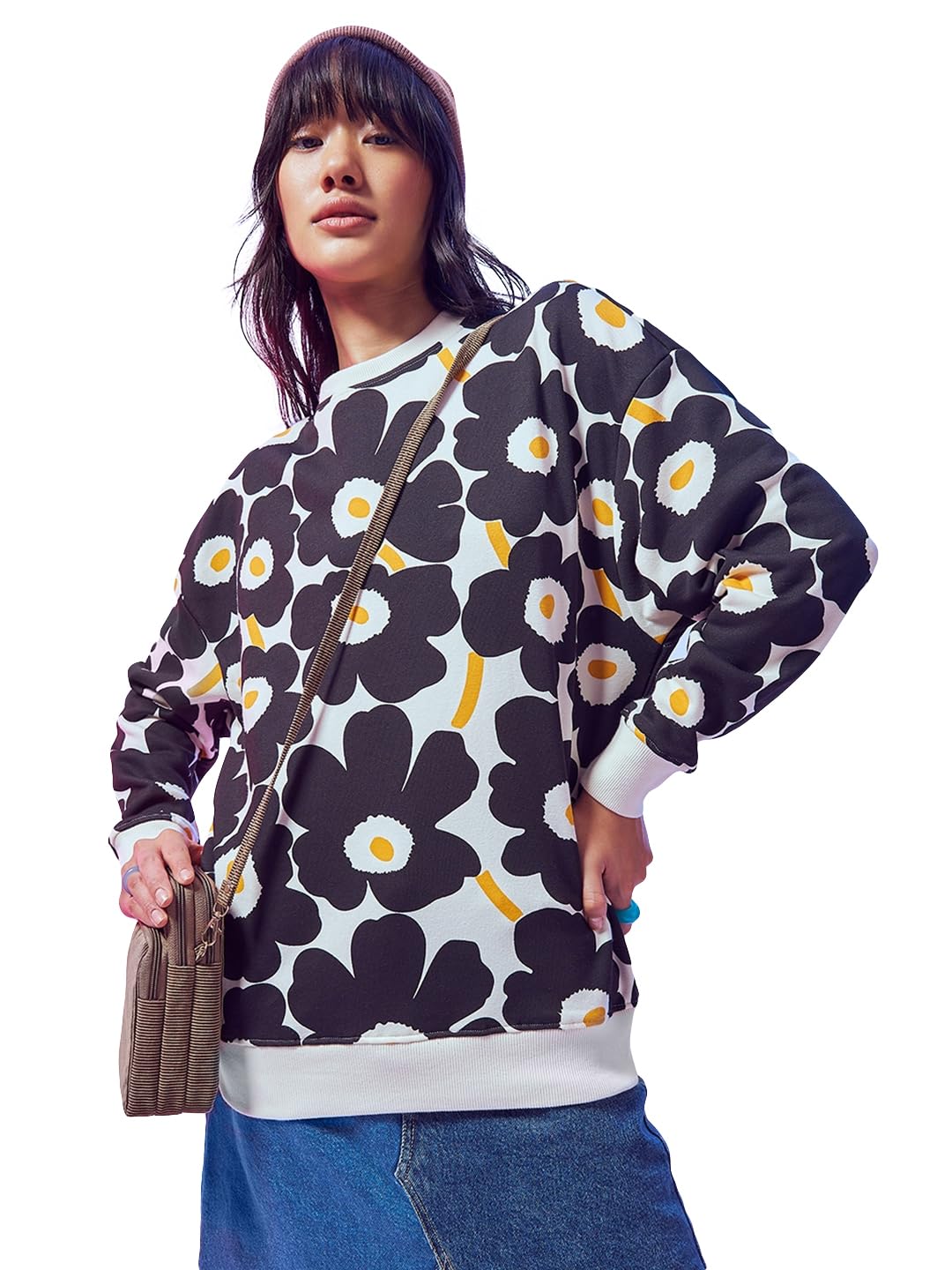 Bewakoof Heavy Duty 1.0 Womens AOP Oversized Fit Full Sleeve Round Neck Fleece Sweatshirt