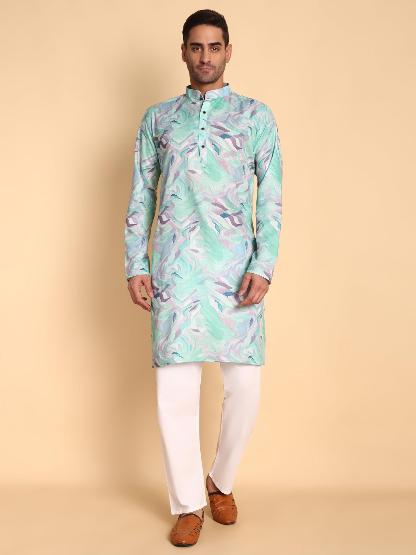 Vardha MenS Cotton Kurta With Impressionist Digital Print Pattern Long Kurtas, Regular Mandarin Collar Straight Fit Printed Kur
