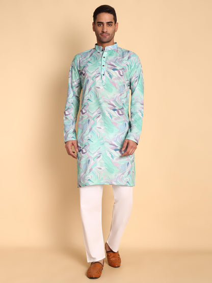 Vardha MenS Cotton Kurta With Impressionist Digital Print Pattern Long Kurtas, Regular Mandarin Collar Straight Fit Printed Kur