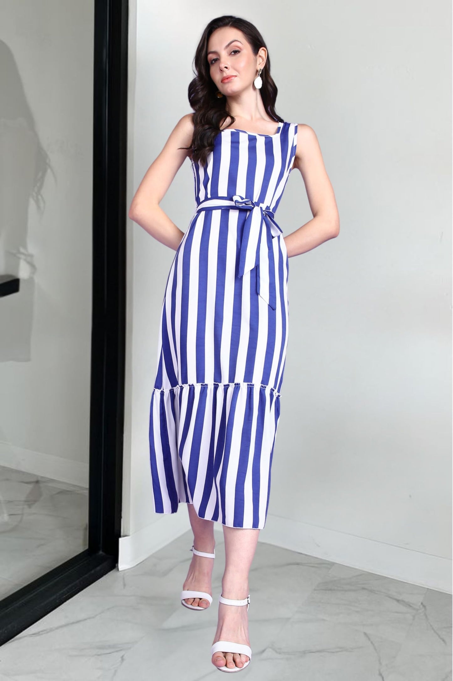 Popwings Women Casual Blue & White Stripe Long Belt Dress Dress | Stylish Dress | Trendy Dress