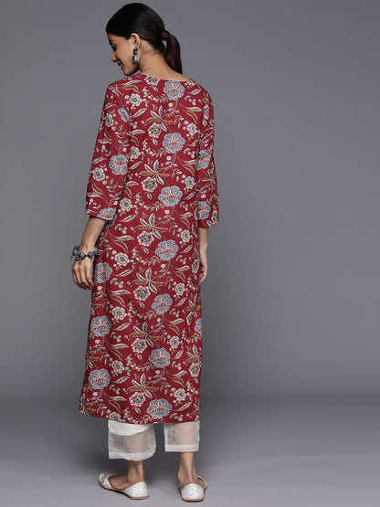Varanga Women Maroon Floral Printed Straight Kurta With Side Slits