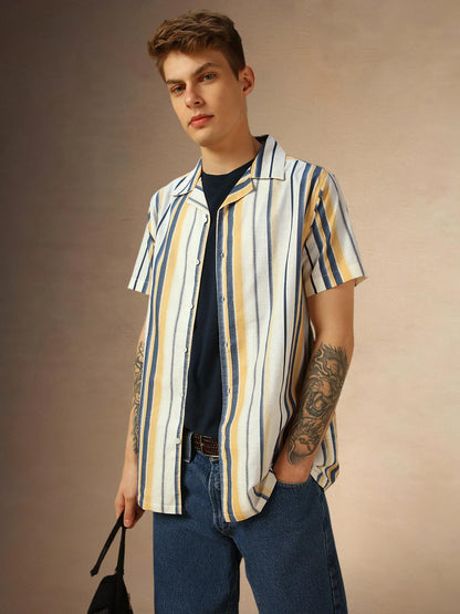 Dennis Lingo Men Relaxed Fit Poplin Half Sleeves Striped Shirts Yellow