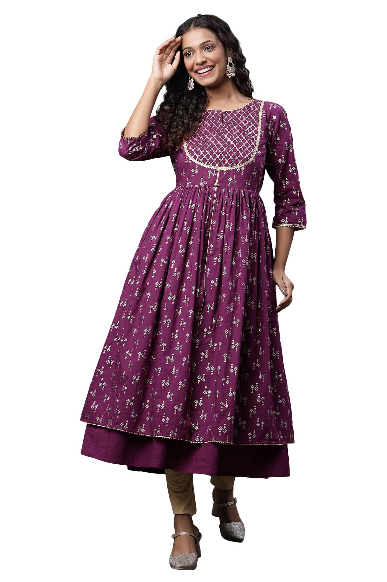 Aurelia Purple Geometric Printed Printed Lace Cotton Anarkali Kurta