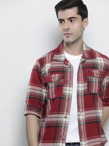 The Indian Garage Co Red Regular Fit Spread Collar Checkered Long Sleeves Shirt