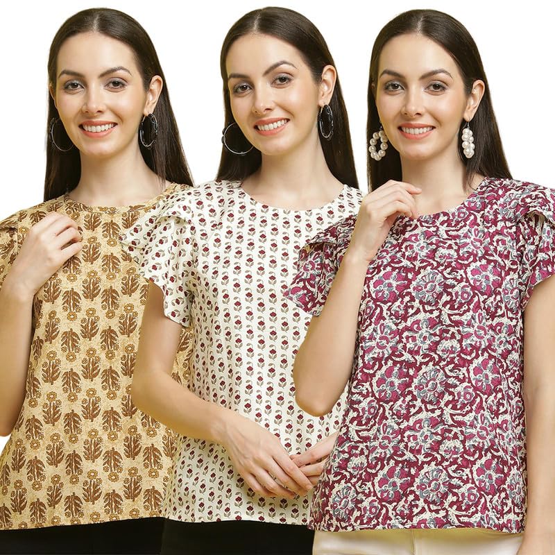 Pinkmint Women Combo Tunic Top for Women ll Fancy Crape Girls Tops ll Regular Fit Casual top (Pack of 3)