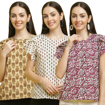 Pinkmint Women Combo Tunic Top for Women ll Fancy Crape Girls Tops ll Regular Fit Casual top (Pack of 3)
