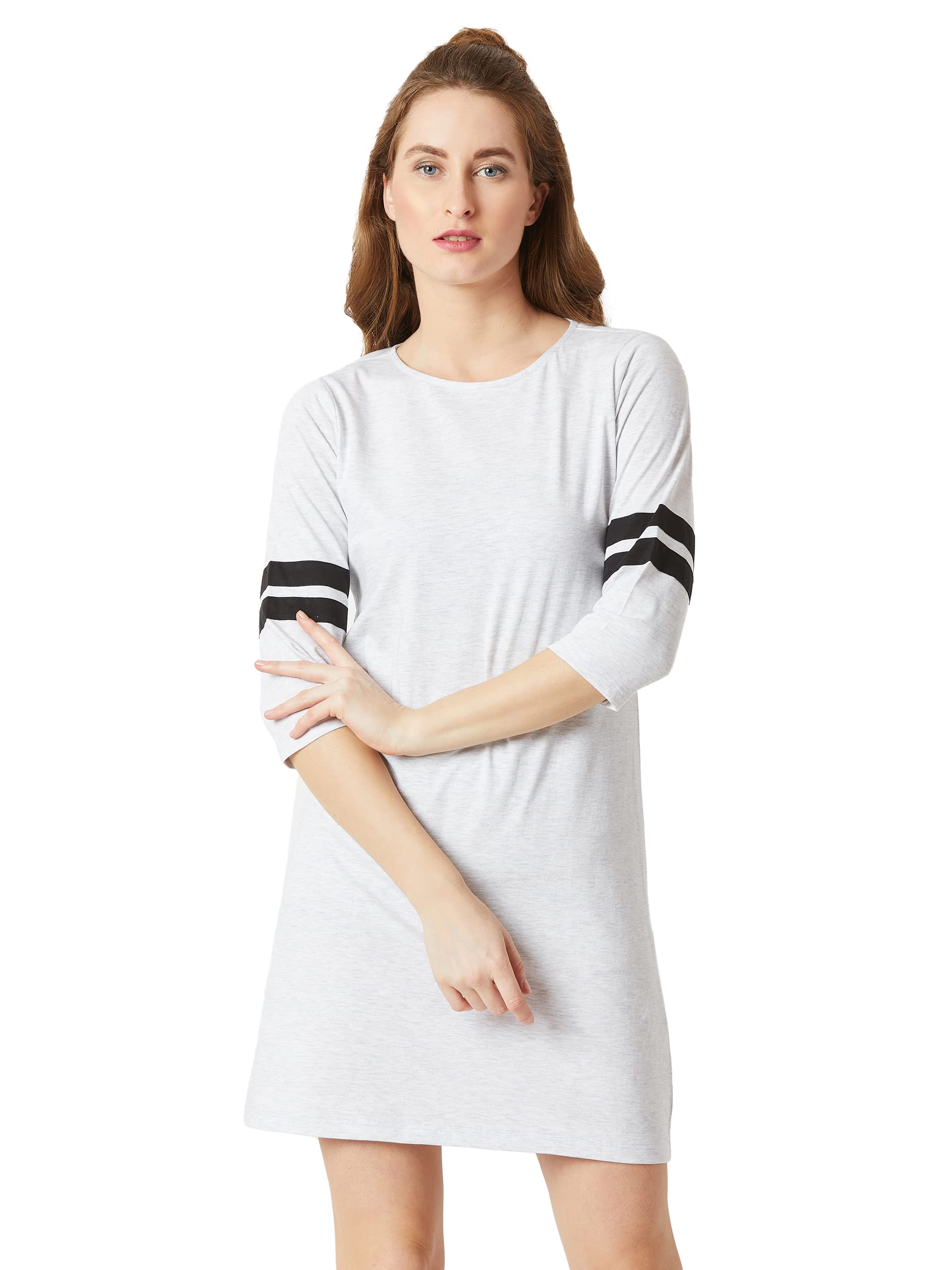Miss Chase WomenS Light Grey Round Neck Full Sleeve Cotton Solid Knee-Long Shift Dress (Mcss17D09-11-193-06, Light Grey And Bla