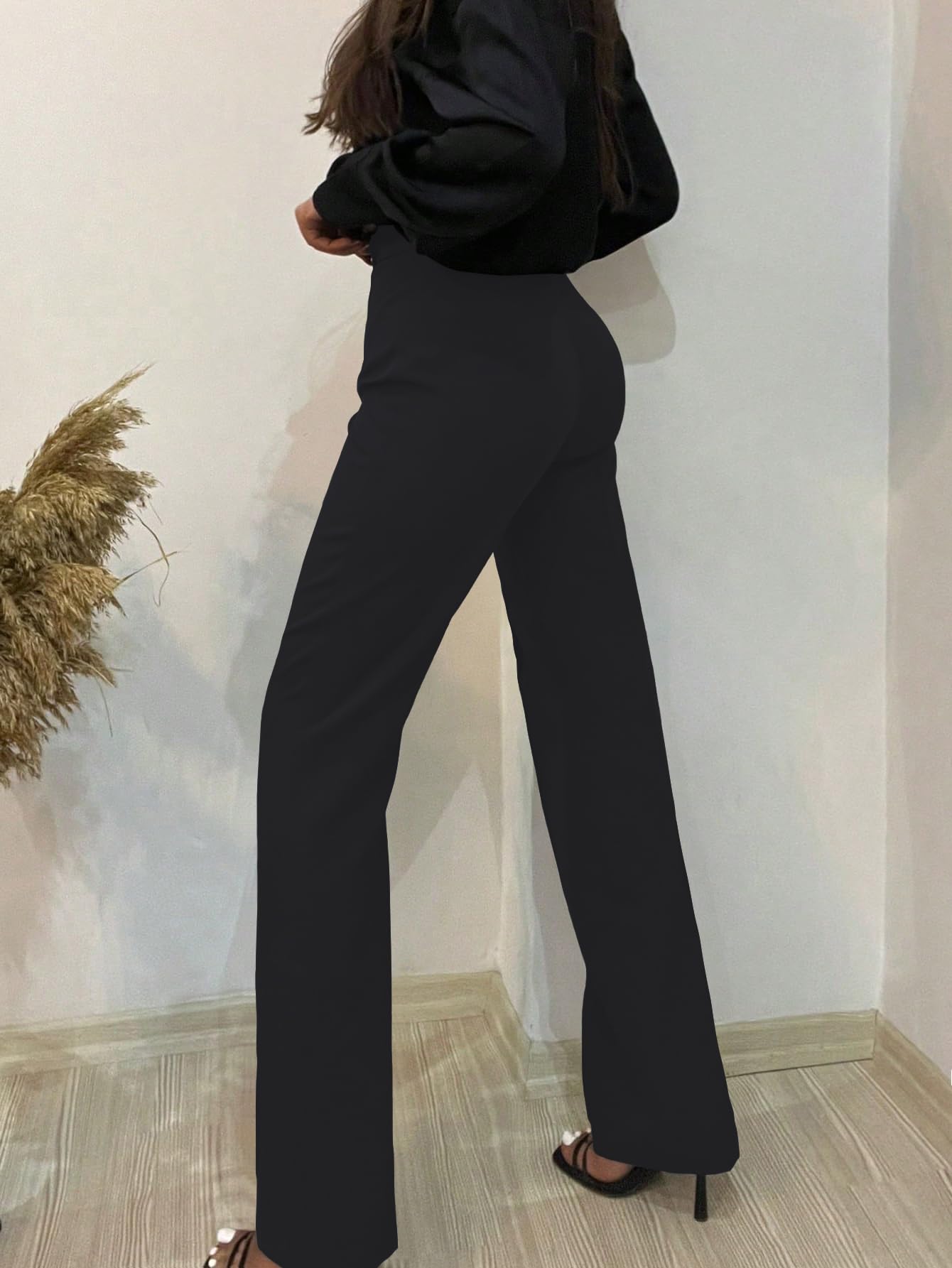 Shasmi Womens Black High Waist Trousers, Seam Detail Straight Leg Pants & Elegant Flared Trousers, Casual & Office Wear, Spring/