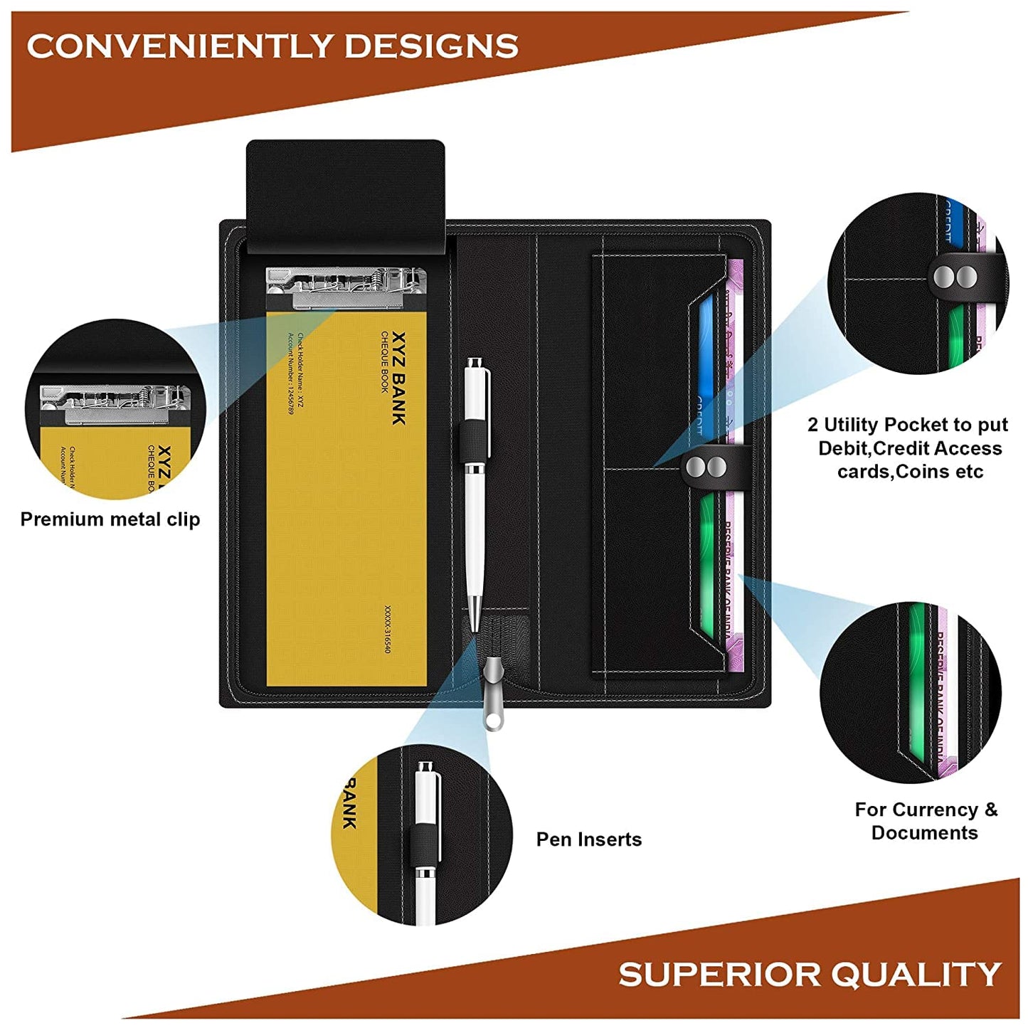 FEDUS Vegan Leather Cheque Book Holder - Expanding, Black, Design 1, Model FEDUS_001_CHEQUE-BOOK-HOL_PARENT for Men/Women, Travel & Office