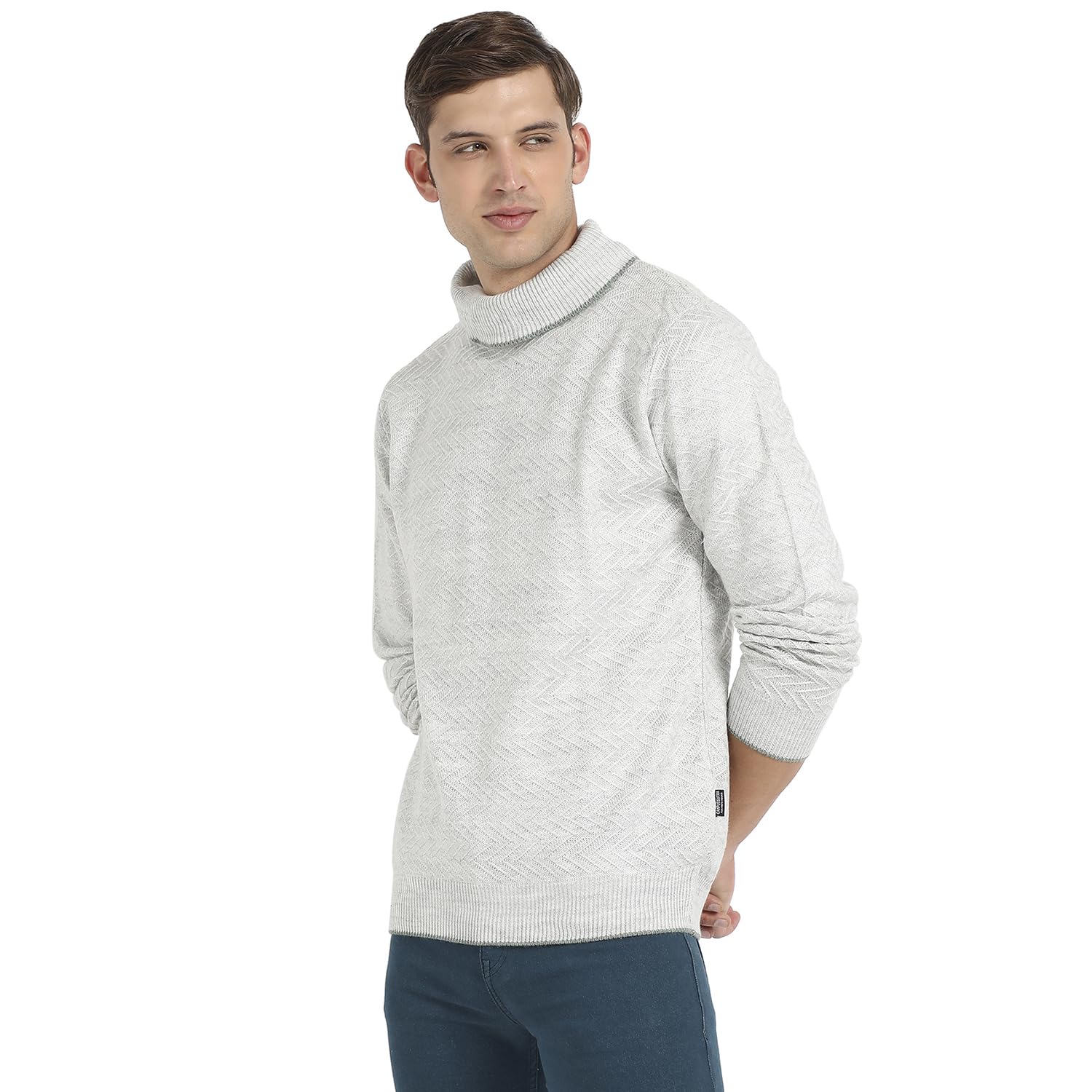 Campus Sutra Mens Light Grey Herringbone Textured Pullover Sweater for Casual Wear | Turtle Neck | Long Sleeve | Pull On Closur