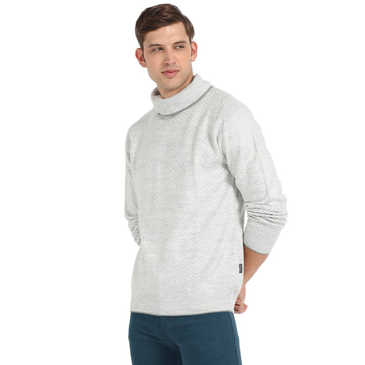 Campus Sutra Mens Light Grey Herringbone Textured Pullover Sweater for Casual Wear | Turtle Neck | Long Sleeve | Pull On Closur