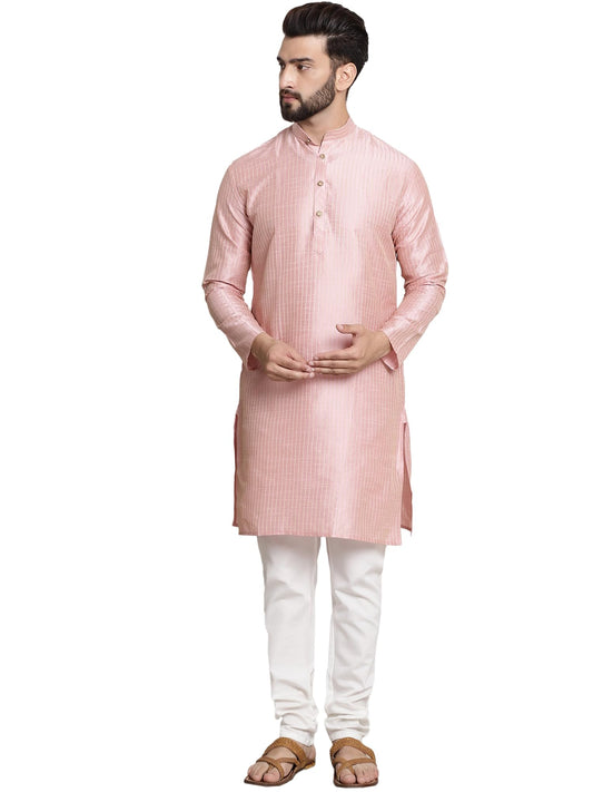 Sojanya (Since 1958 MenS Silk Blend Pink Pintex Kurta And White Churidar Pyjama Set