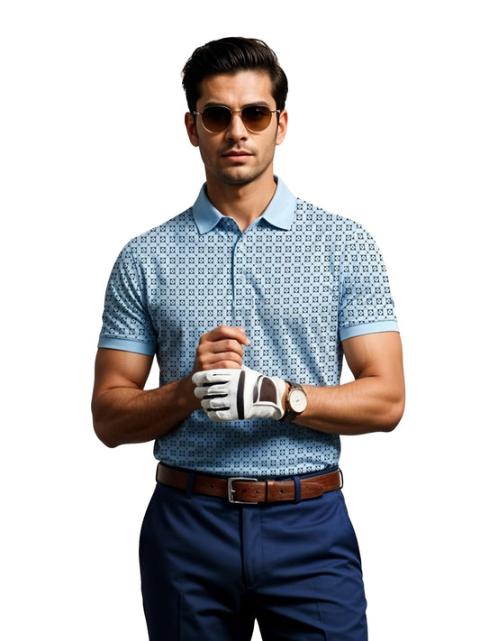 Mens Cotton Printed Polo Tshirt | 220 GSM Interlock Fabric | Slim Fit | Skin-Friendly Ink | Sky Blue Golf-Inspired Pattern T Sh