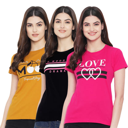 Preneum Womens Cotton Regular Fit Latest Graphic Stylish Printed Short Sleeves Casual T-Shirt || Trendy & Style (Pack 3), Yello