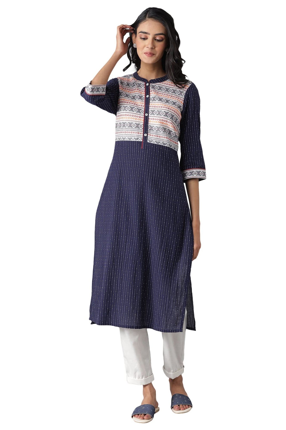 Aurelia Womens Cotton White Geometric Band Collar Straight Kurta
