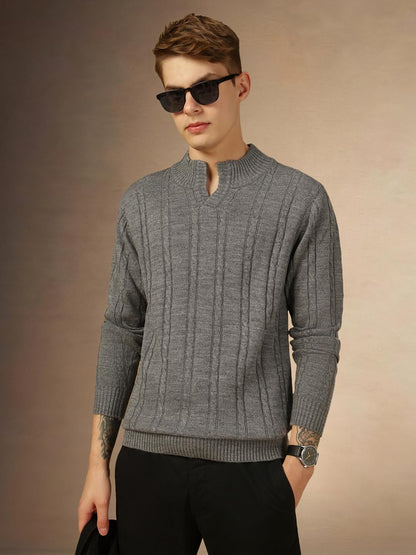 Dennis Lingo Men Black Solid Slim Fit Full Sleeve Mock Collar Pullover Sweater