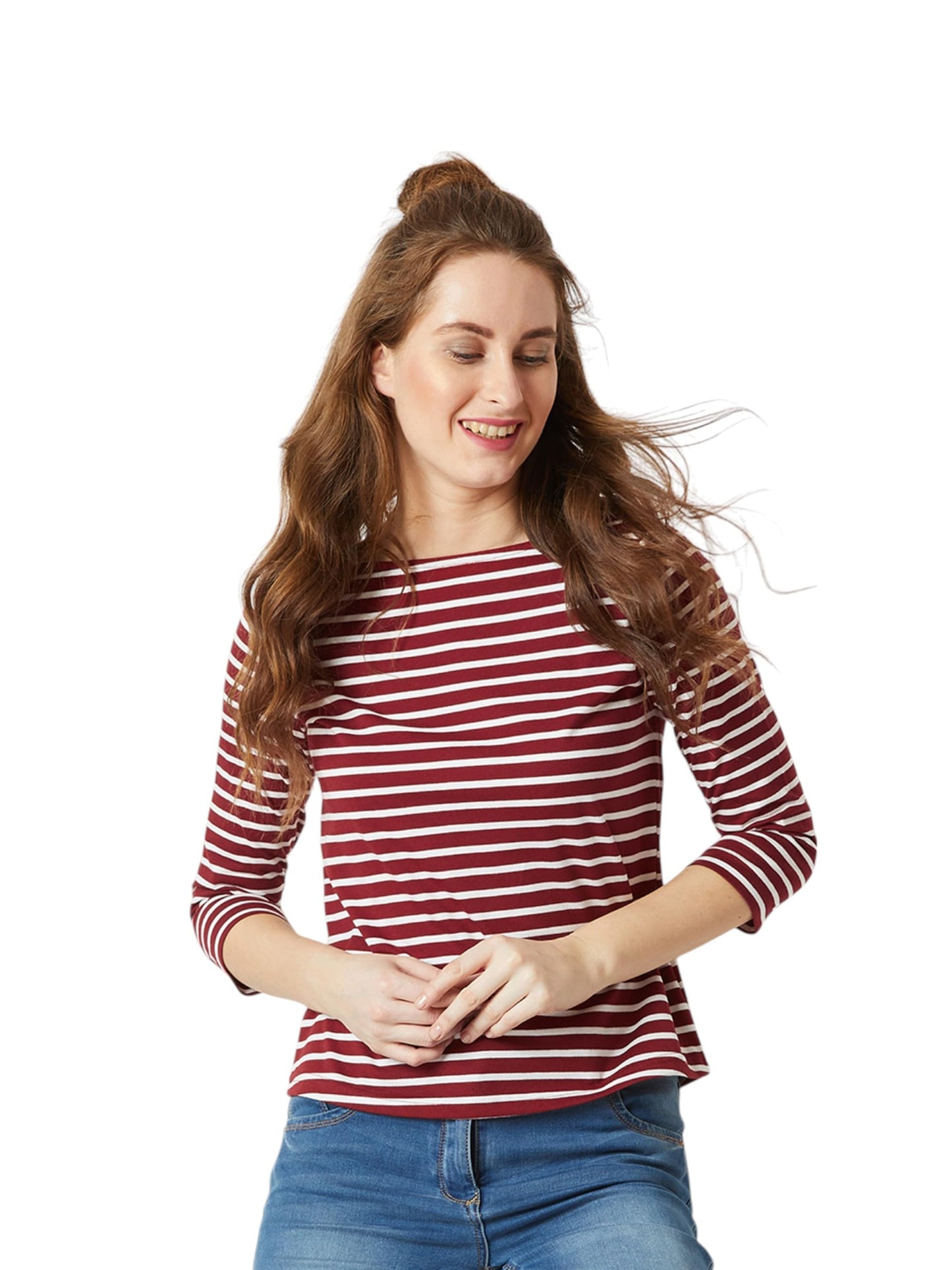 Miss Chase Womens Boat Neck 3/4 Sleeve Cotton Striped Top (MCSS25TP98-22-305-06, Maroon and White, XL)
