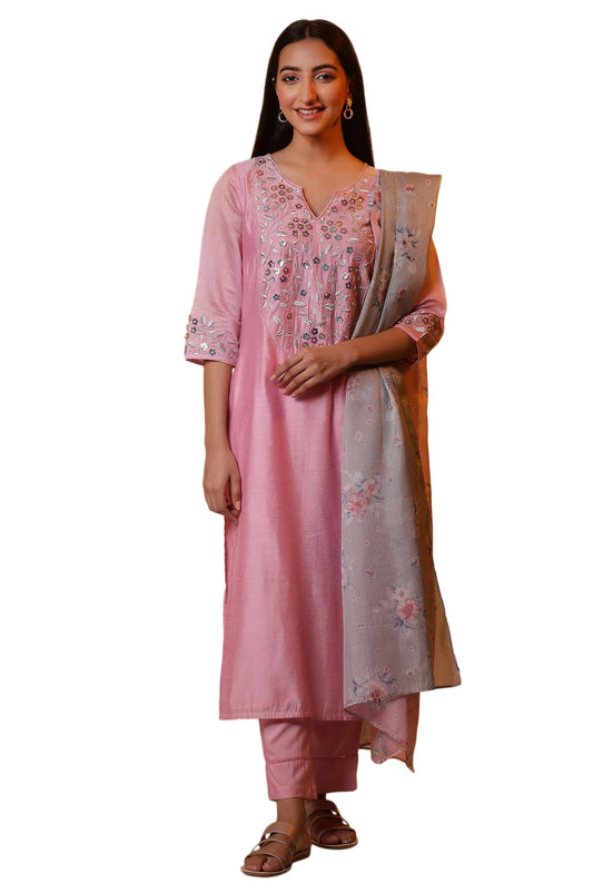 Aurelia Pink Embroidered Festive kurta, Trousers and Dupatta Set
