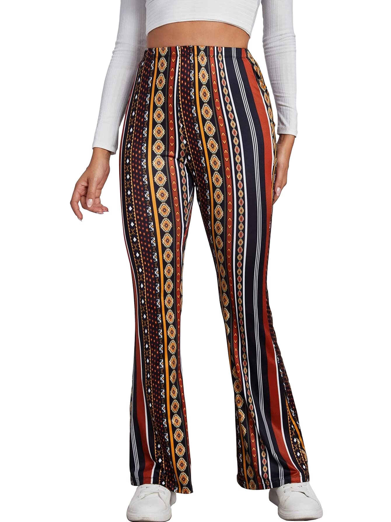 Shasmi Womens & Girls Black Geo Print Dress Pants Stretchy Work Slacks Business Casual Office Bell-Bottom/Boot-Cut Elastic Wais
