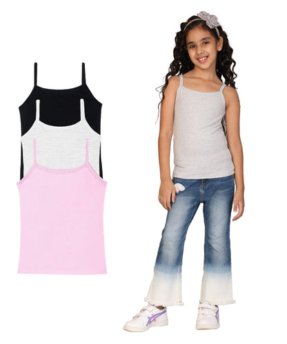 Kyda Kids GirlS Cotton Inner Camisoles | Undershirt Vest With Regular Strap | Soft & Stretchy Slips - Pack Of 3