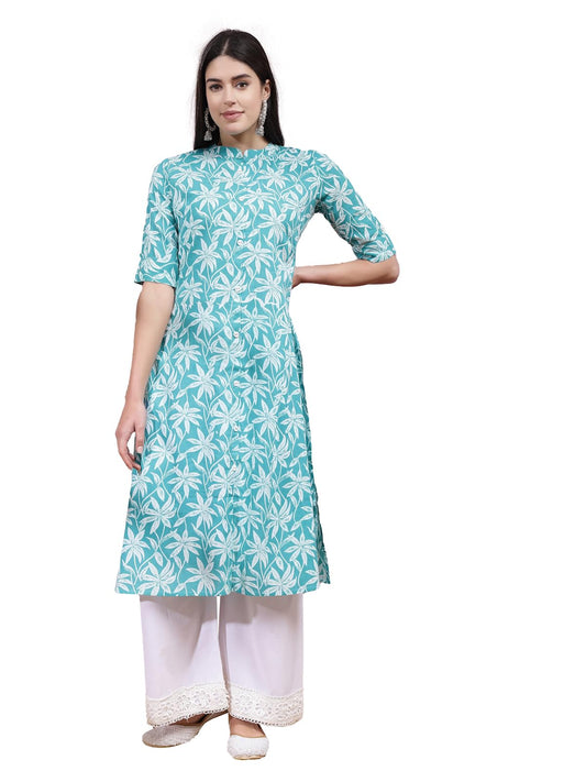 Stylum Women's Floral Printed Cotton A-Line Kurta (Pluto_Turquoise Blue)