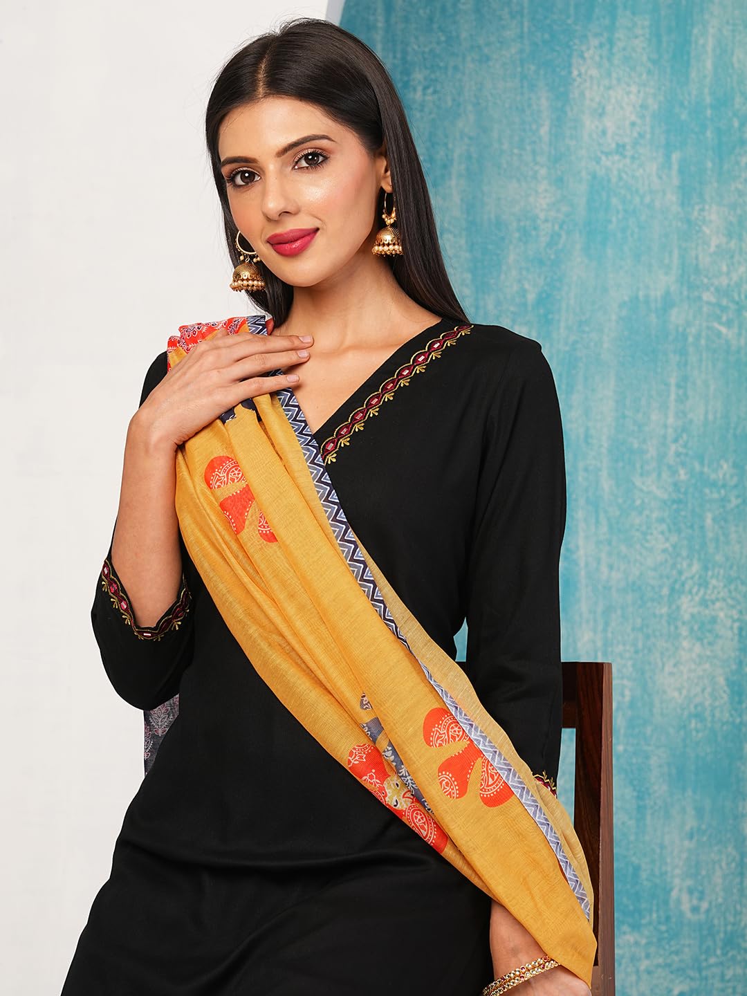 Gosriki WomenS Cotton Blend Embroidered Straight Kurta With Pant & Dupatta (Fronx Black-Nw-Gs_L_Black_Large)