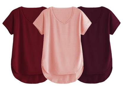 Fabricorn Combo Of Three Plain Maroon, Dusty Rose And Wine V-Neck Up And Down Cotton Tshirt For Women (Maroon, Dusty Rose, Wine,