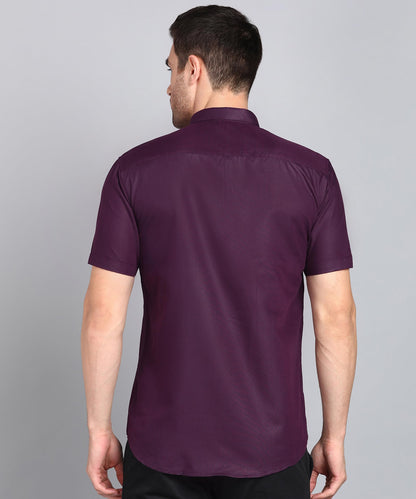 Mildin MenS Regular Cotton Blend Purple Slim Fit Solid Button Down Spread Collar Half Sleeve Curved Hemline Formal Shirt With O